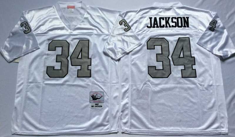 Raiders 34 Bo Jackson White Silver M&N Throwback Jersey->nfl m&n throwback->NFL Jersey